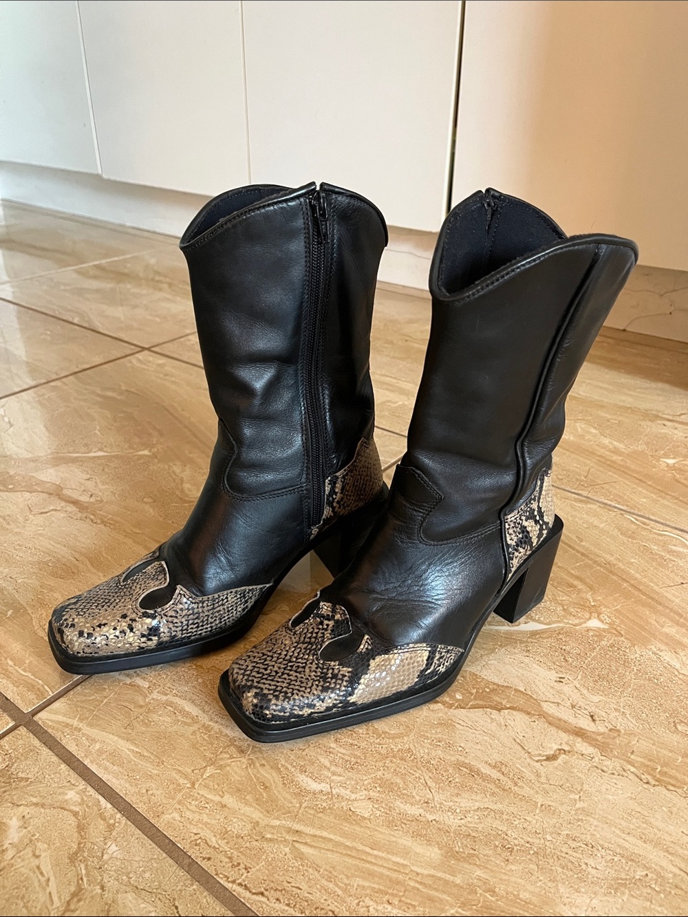Roots Black Leather Mid-Calf Boots with Snakeskin Accents